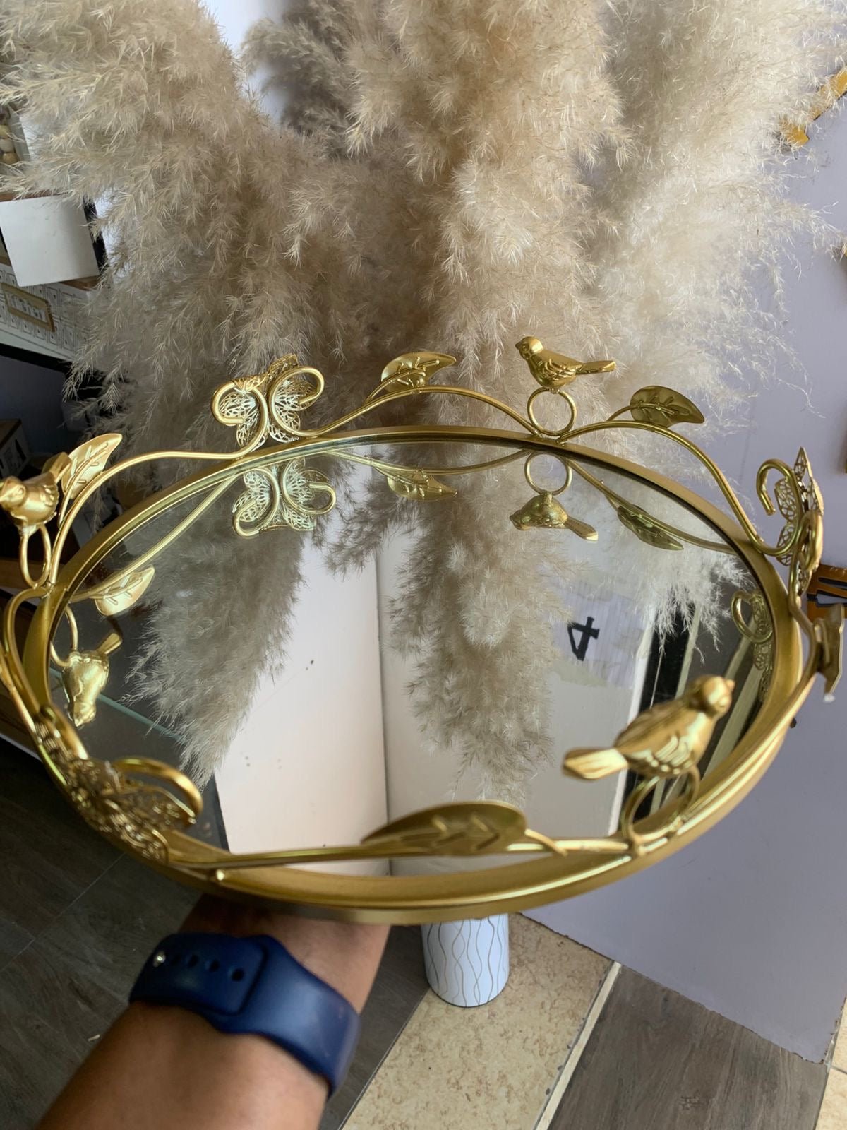 Circular Gold Vanity Tray with Mirror Base and Bird Design – Elegant Decorative Display - Enkaji Households