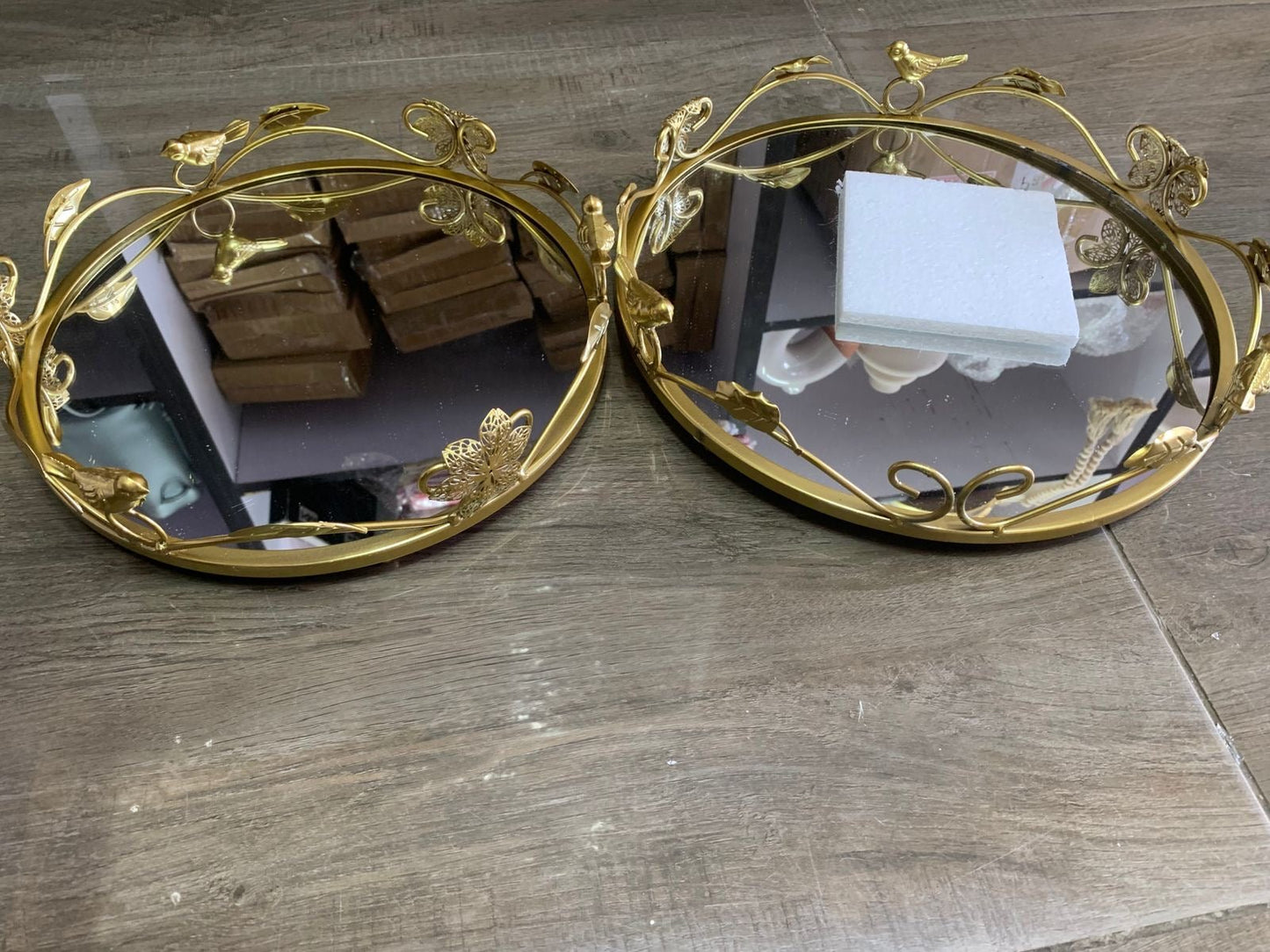 Circular Gold Vanity Tray with Mirror Base and Bird Design – Elegant Decorative Display - Enkaji Households