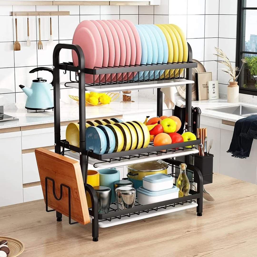 3 tier dish rack with cutlery holder & 3 tier dish rack with cutlery holder & Chop Board Holder - Enkaji Households