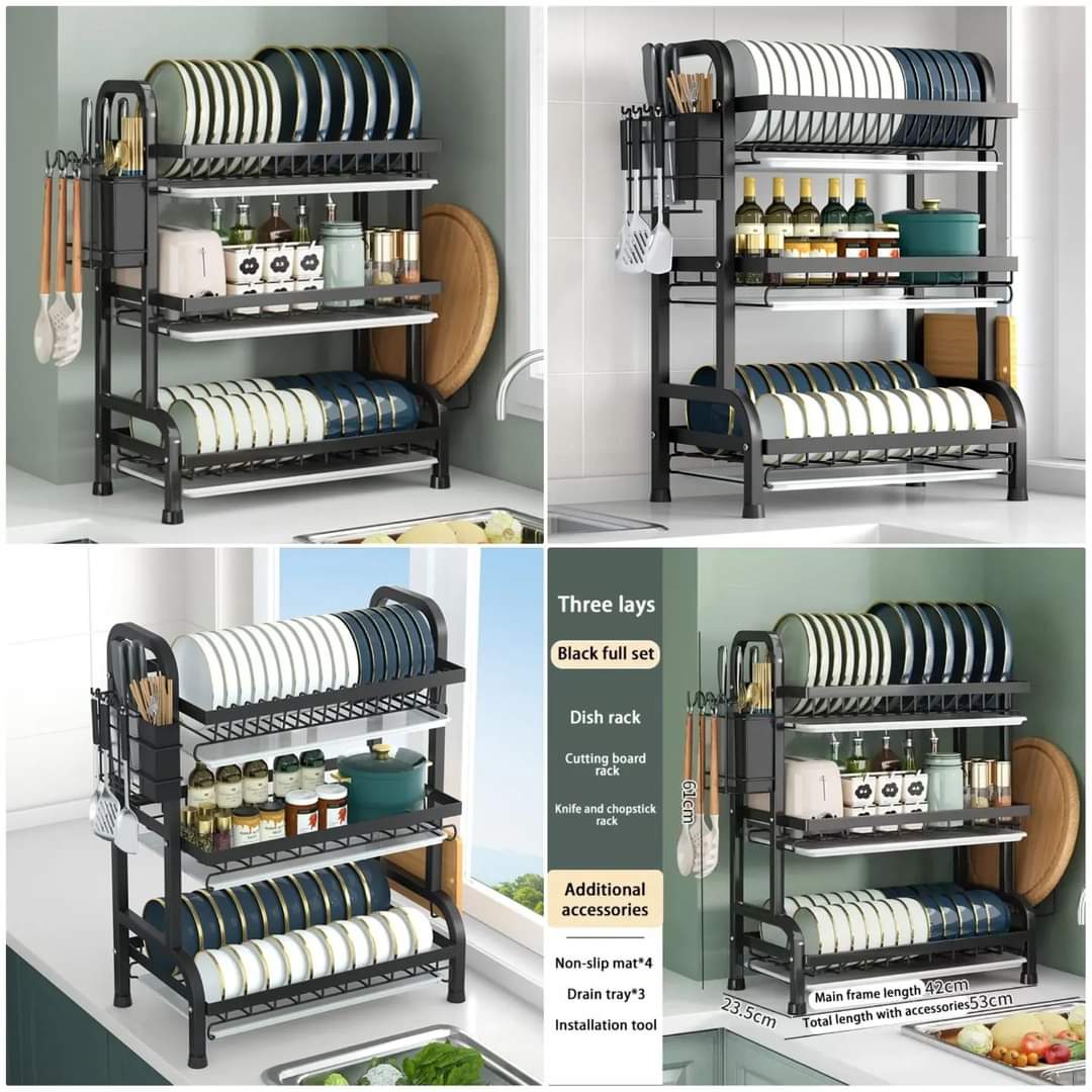 3 tier dish rack with cutlery holder & 3 tier dish rack with cutlery holder & Chop Board Holder - Enkaji Households