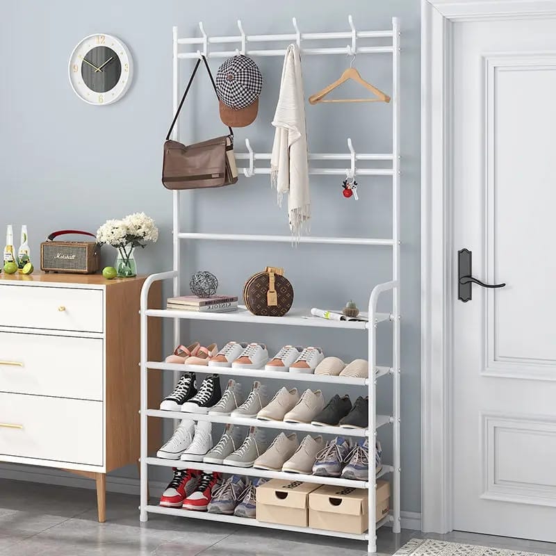 5 Tier - Big Size Entryway Coat Rack with Shoe BenchTier Storage Shelves Clothes - Enkaji Households