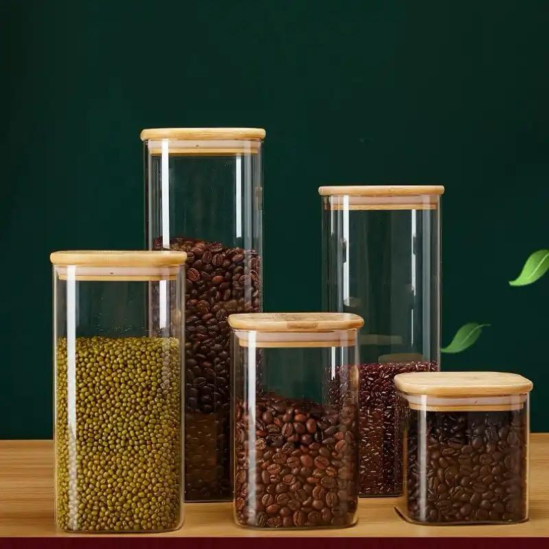 5pc Square Bamboo Lid Glass Jars Set - Enkaji Households