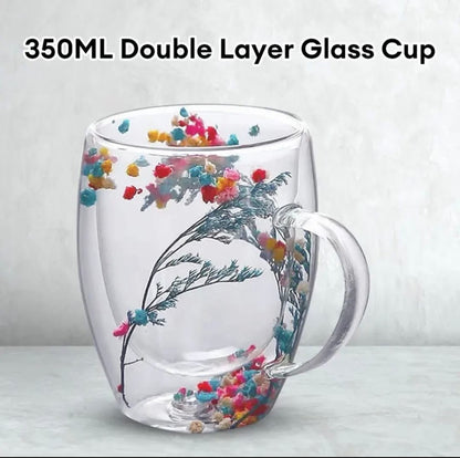 Insulated Double Wall Glass Cup with Dried Flower Design - Enkaji Households