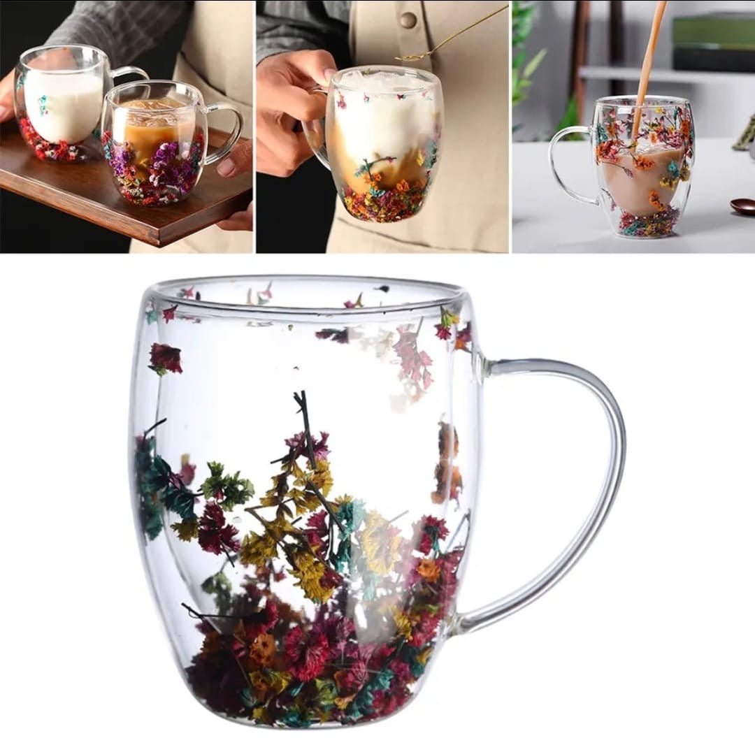 Insulated Double Wall Glass Cup with Dried Flower Design - Enkaji Households