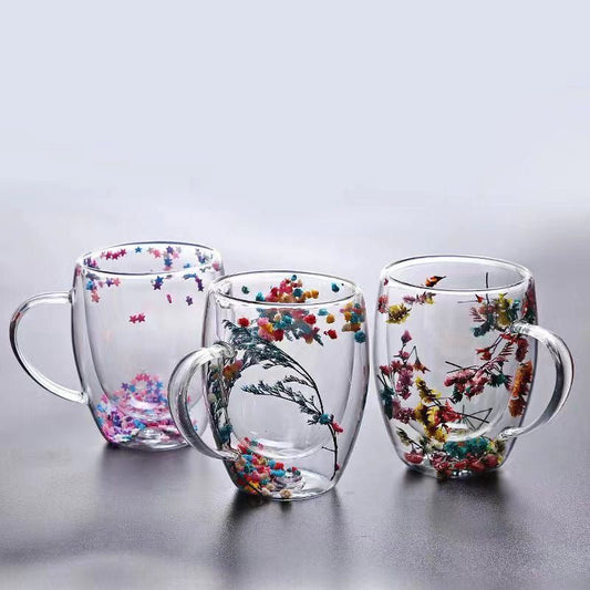 Insulated Double Wall Glass Cup with Dried Flower Design - Enkaji Households