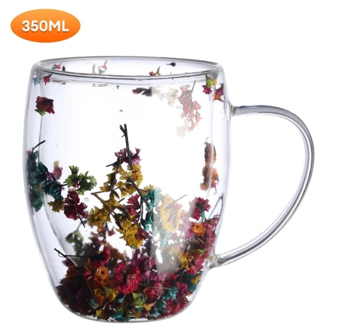 Insulated Double Wall Glass Cup with Dried Flower Design - Enkaji Households