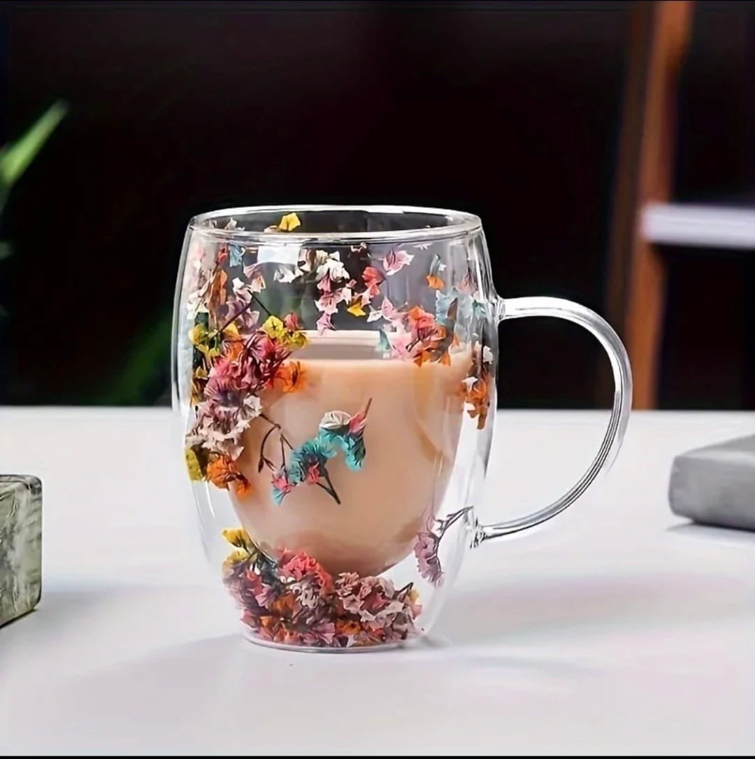 Insulated Double Wall Glass Cup with Dried Flower Design - Enkaji Households