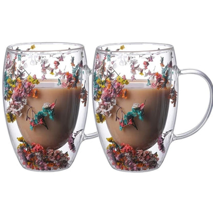 Insulated Double Wall Glass Cup with Dried Flower Design - Enkaji Households