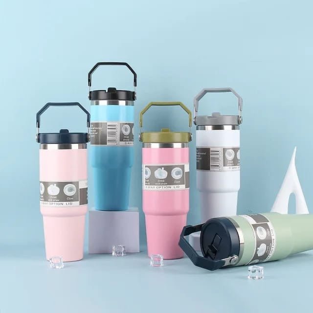 Insulated Hot and Cool Thermal Flask Cups with Straws – 900ml Capacity - Enkaji Households