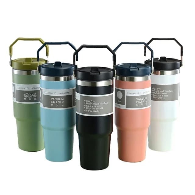 Insulated Hot and Cool Thermal Flask Cups with Straws – 900ml Capacity - Enkaji Households