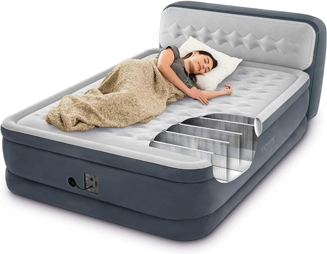 INTEX Dura Beam Airbed – Built - In Pump & Plush Headboard - Enkaji Households