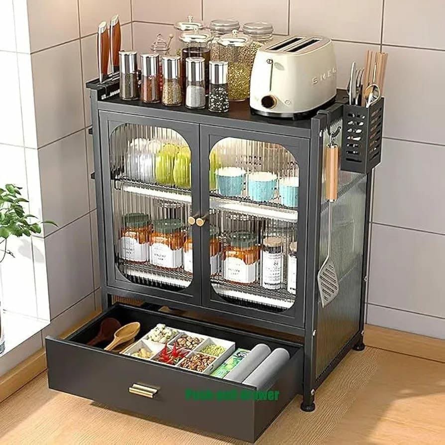 Minimalist Kitchen Countertop Dish Rack – Dual Door Storage Cabinet with Drawer - Enkaji Households