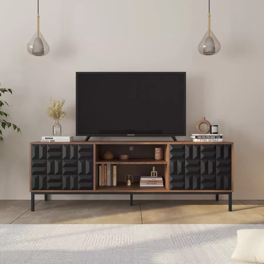 Modern Walnut and Black TV Stand - Enkaji Households