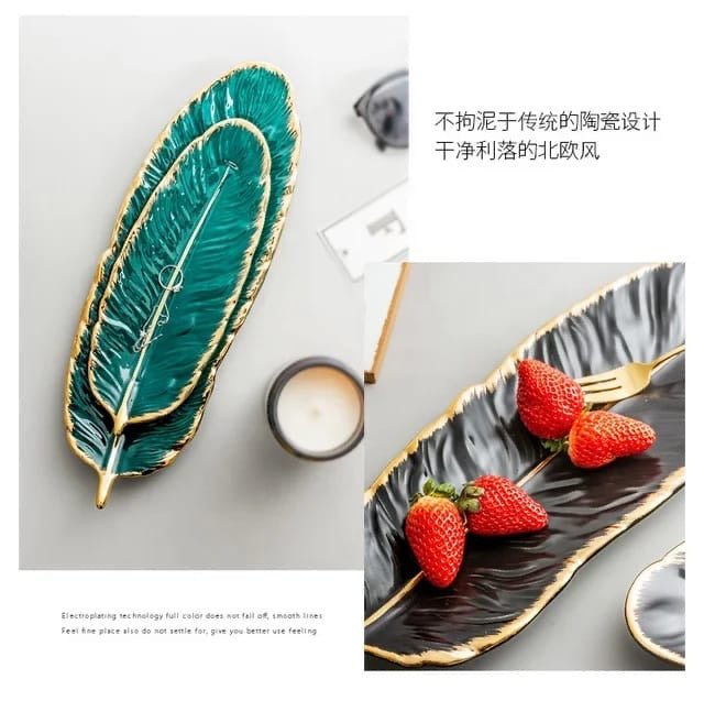 Nordic Gold - Plated Ceramic Plate – Feather - Shaped Stylish Porcelain Plate for Home Décor, Fruit, and Jewelry Tray - Enkaji Households