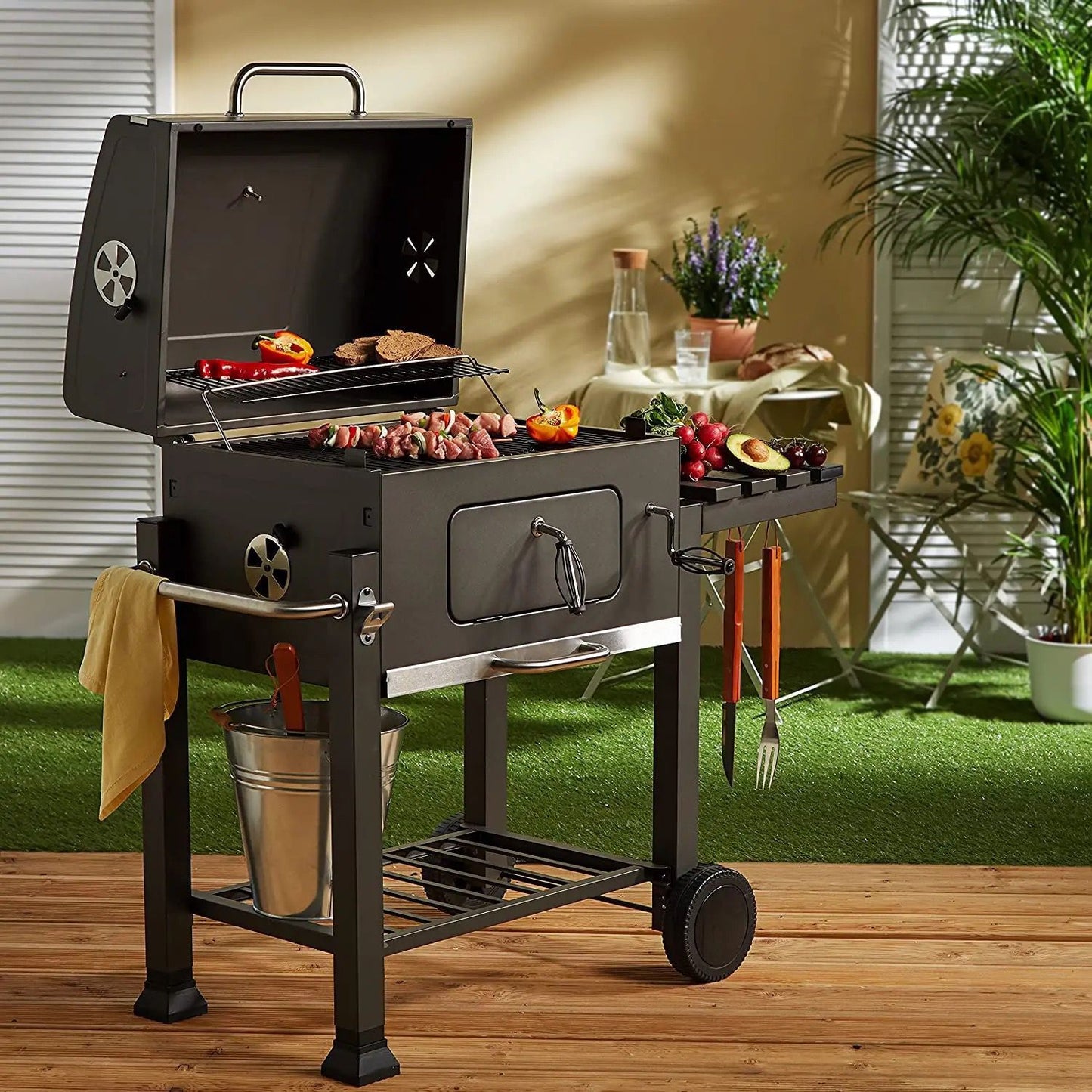 Outdoor Garden Barbecue Portable BBQ Grill – Large Charcoal Trolley BBQ - Enkaji Households