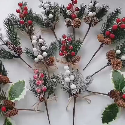 piece set of Christmas Red Berry Artificial Flowers and Pine Cone Branches