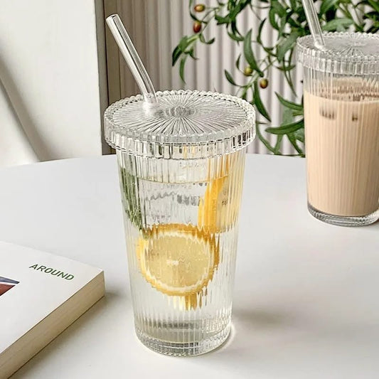 Ribbed glass cups with straw - Enkaji Households