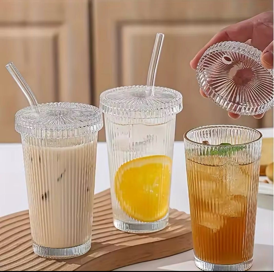 Ribbed glass cups with straw - Enkaji Households